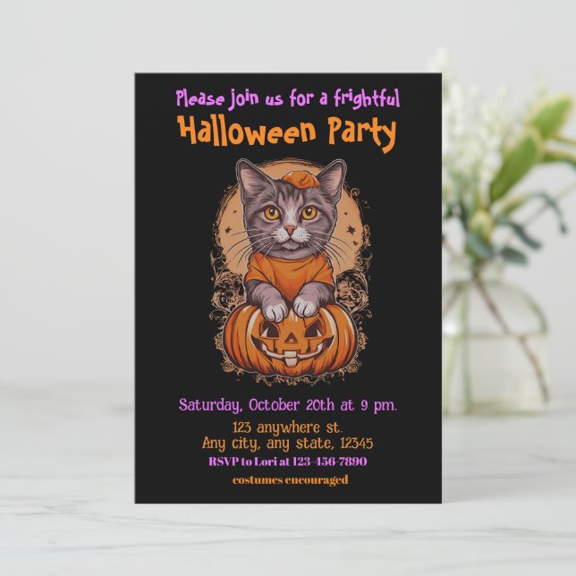 Halloween, 2 kitty, cute, fun, jack-o-lantern,  invitation (Standing Front)
