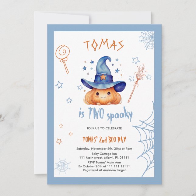 Halloween 2nd Birthday Blue Pumpkin Boy Invitation (Front)