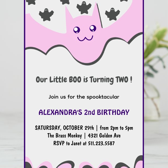 Halloween 2nd birthday invitation Ghost Little boo (halloween-2nd-birthday-invitation-Ghost-Little-boo-pink-purple-1)