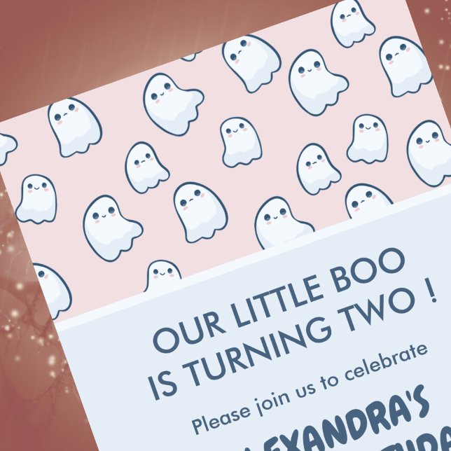 Halloween 2nd birthday invitations cute little boo (halloween-2nd-birthday-invitation-pink-ghosts-2)