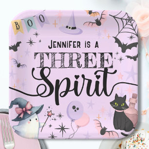 Halloween 3rd Birthday Girl Pink Three Spirit Paper Plate