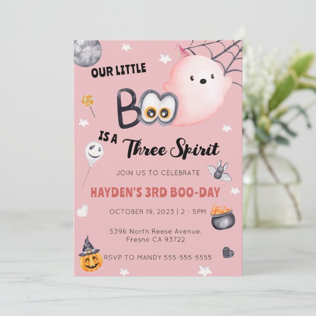Halloween 3rd Birthday Girl Three Spirit Invitation (Standing Front)