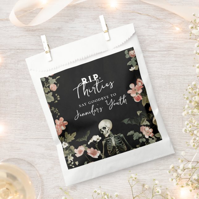 Halloween 40th Birthday Pink Floral Skeleton Party Favour Bag (Clipped)