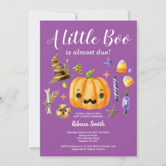 Halloween A Little Boo Pumpkin Baby Shower Purple Invitation