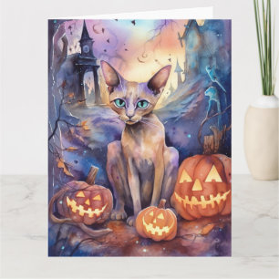 Halloween Abyssinian Cat With Pumpkin Scary Card