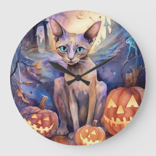 Halloween Abyssinian Cat With Pumpkin Scary Large Clock