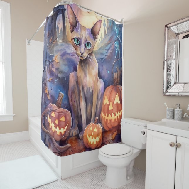 Halloween Abyssinian Cat With Pumpkin Scary Shower Curtain (In Situ)