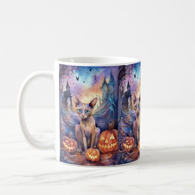Halloween Abyssinian Cat With Pumpkins Scary Coffee Mug (Left)