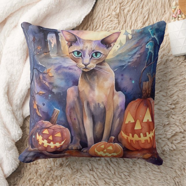Halloween Abyssinian Cat With Pumpkins Scary Cushion (Blanket)