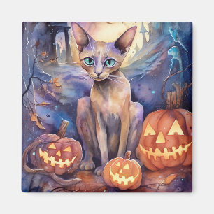 Halloween Abyssinian Cat With Pumpkins Scary Magnet