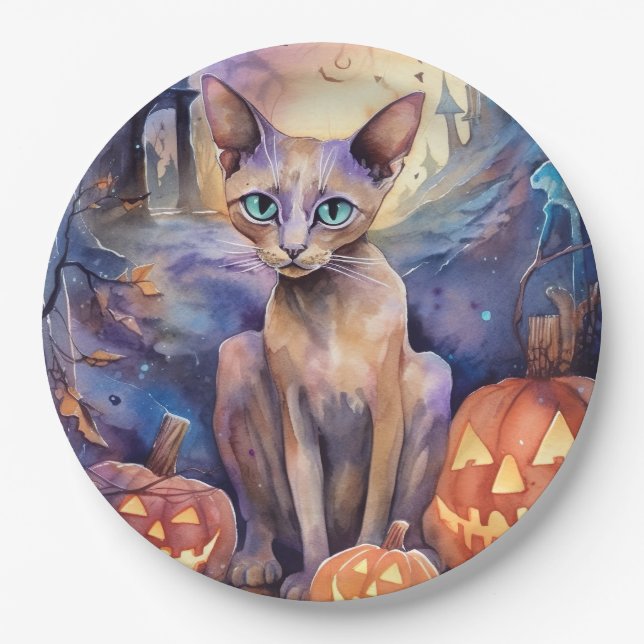 Halloween Abyssinian Cat With Pumpkins Scary Paper Plate (Front)