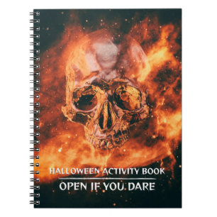 Halloween Activity Book. Flaming skull in space Notebook