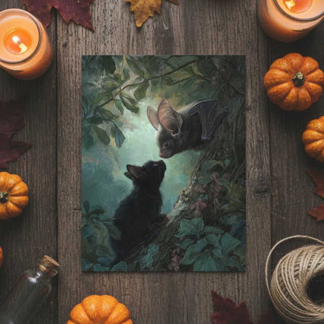 Halloween Adorable Kitten meets Bat Postcard (Creator Uploaded)