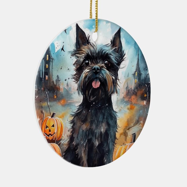 Halloween Affenpinscher With Pumpkins Scary Ceramic Ornament (Right)