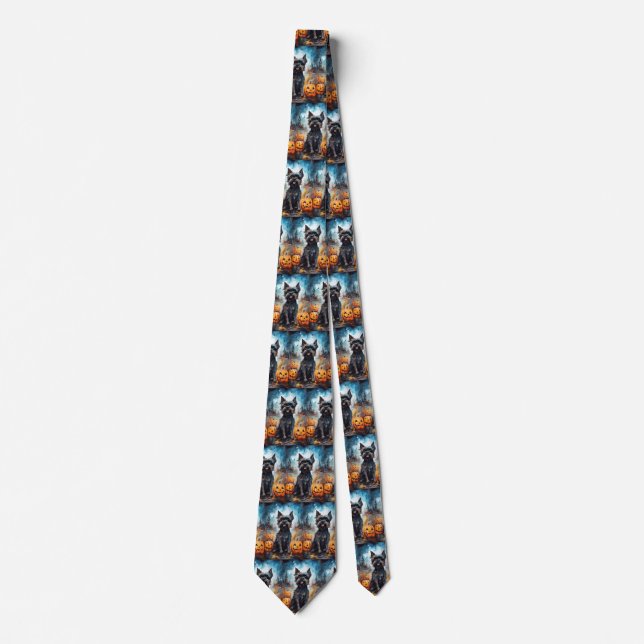 Halloween Affenpinscher With Pumpkins Scary Tie (Front)