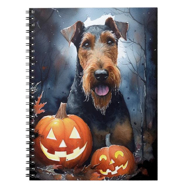 Halloween Airedale With Pumpkins Scary Notebook (Front)