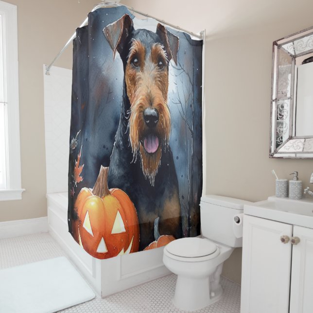 Halloween Airedale With Pumpkins Scary Shower Curtain (In Situ)