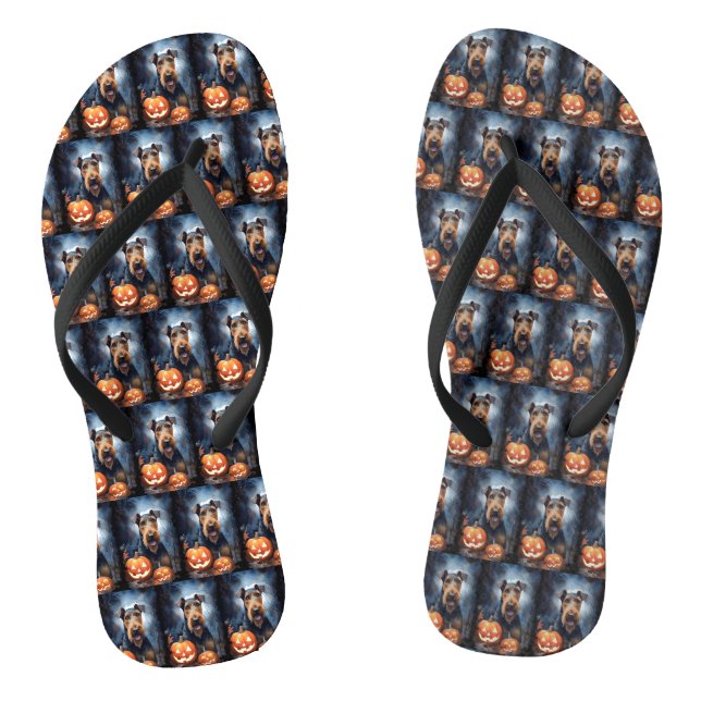 Halloween Airedale With Pumpkins Scary Thongs (Footbed)
