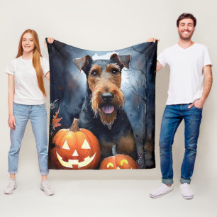 Halloween Airedale With Pumpkins Scary Throw Pillo Fleece Blanket
