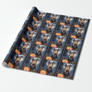 Halloween Airedale With Pumpkins Scary Wrapping Paper