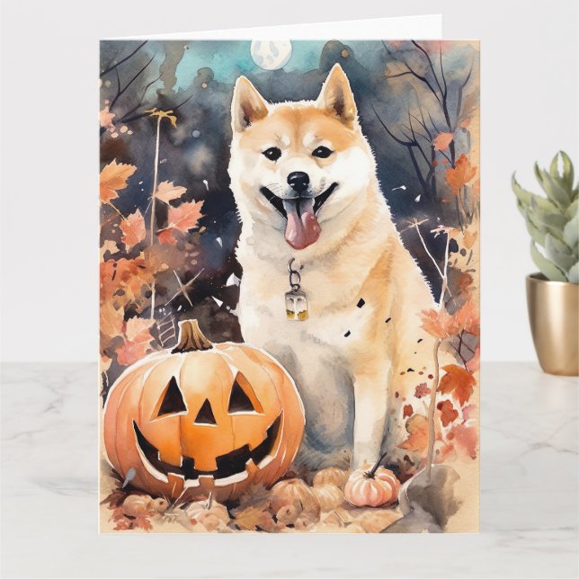 Halloween Akita With Pumpkins Scary Card (Small Plant)