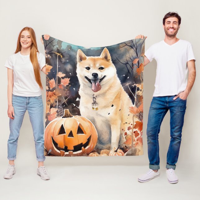 Halloween Akita With Pumpkins Scary Fleece Blanket (In Situ)