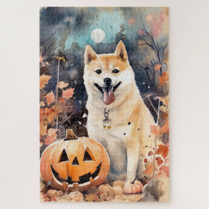 Halloween Akita With Pumpkins Scary Jigsaw Puzzle