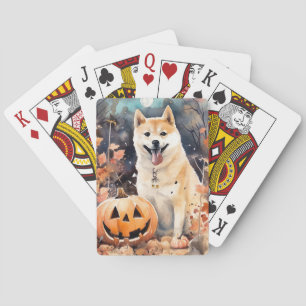 Halloween Akita With Pumpkins Scary Playing Cards