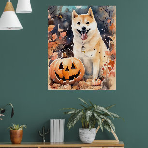 Halloween Akita With Pumpkins Scary Poster