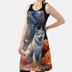 Halloween Alaskan Malamute With Pumpkins Scary Apron