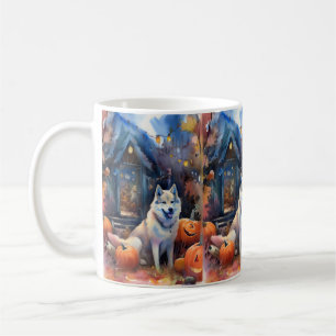 Halloween Alaskan Malamute With Pumpkins Scary Coffee Mug