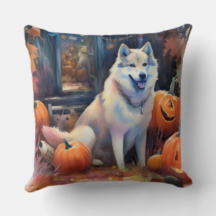 Halloween Alaskan Malamute With Pumpkins Scary Cushion