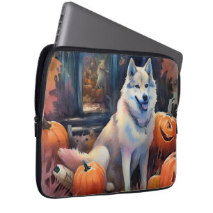 Halloween Alaskan Malamute With Pumpkins Scary Laptop Sleeve
