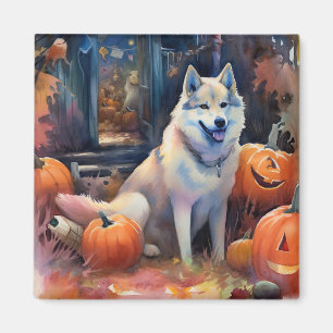 Halloween Alaskan Malamute With Pumpkins Scary Magnet