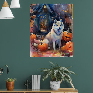 Halloween Alaskan Malamute With Pumpkins Scary Poster