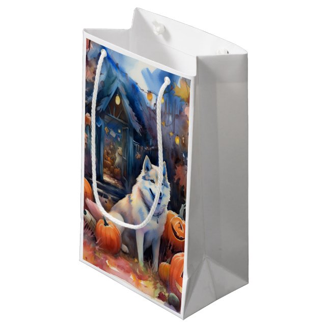 Halloween Alaskan Malamute With Pumpkins Scary Small Gift Bag (Front Angled)