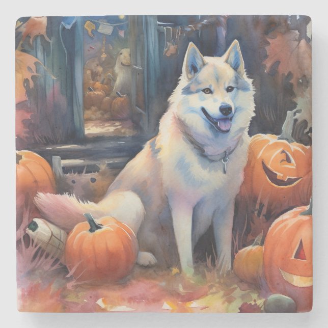 Halloween Alaskan Malamute With Pumpkins Scary Stone Coaster (Front)