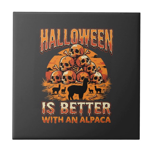 Halloween Alpaca Skull Pile Retro Horror Design Ceramic Tile (Front)