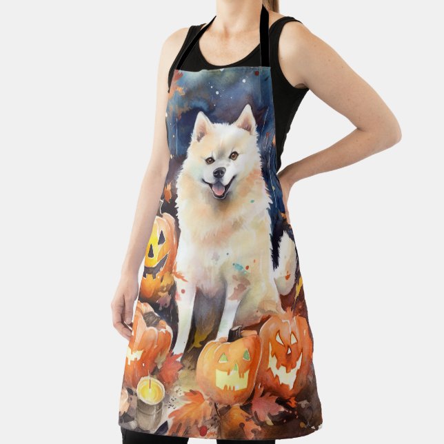 Halloween American Akita With Pumpkins Scary Apron (Insitu)