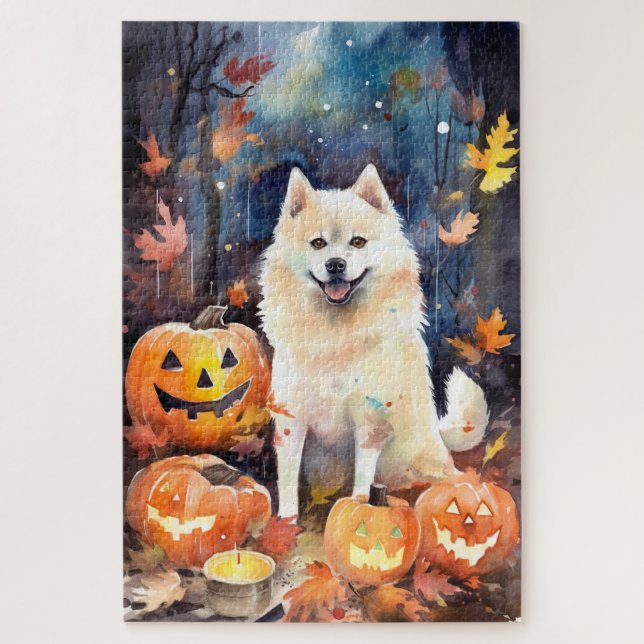 Halloween American Akita With Pumpkins Scary Jigsaw Puzzle (Vertical)