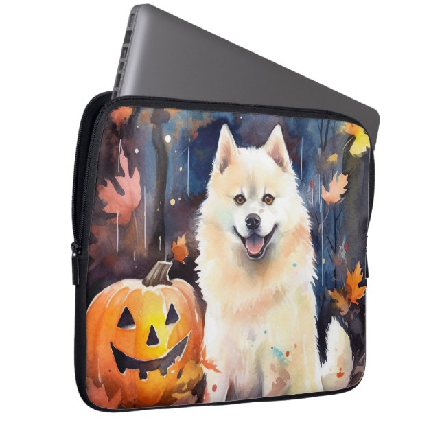 Halloween American Akita With Pumpkins Scary Laptop Sleeve (Front Right)