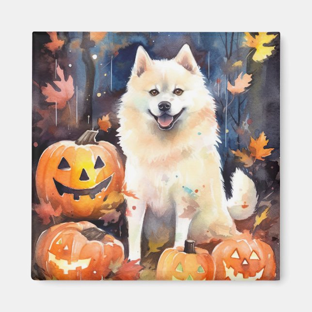 Halloween American Akita With Pumpkins Scary Magnet (Front)