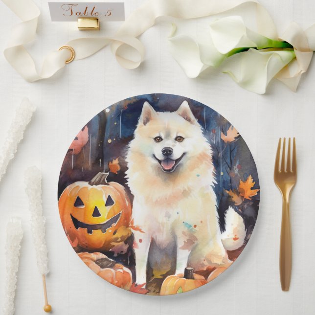 Halloween American Akita With Pumpkins Scary Paper Plate (Wedding)