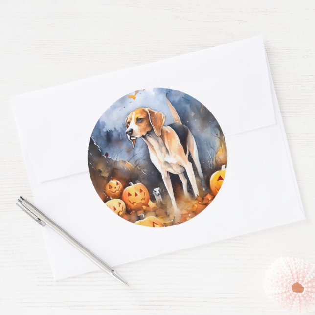 Halloween American English Foxhound With Pumpkins Classic Round Sticker (Envelope)