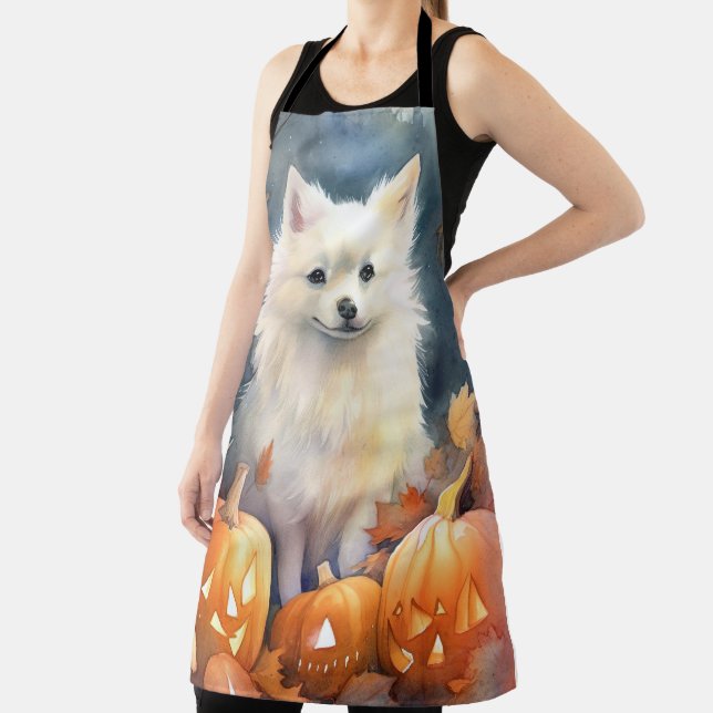 Halloween American Eskimo With Pumpkins Scary Apron (Insitu)