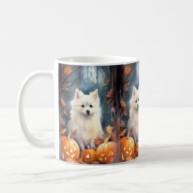 Halloween American Eskimo With Pumpkins Scary Coffee Mug (Left)