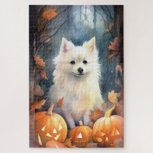 Halloween American Eskimo With Pumpkins Scary Jigsaw Puzzle