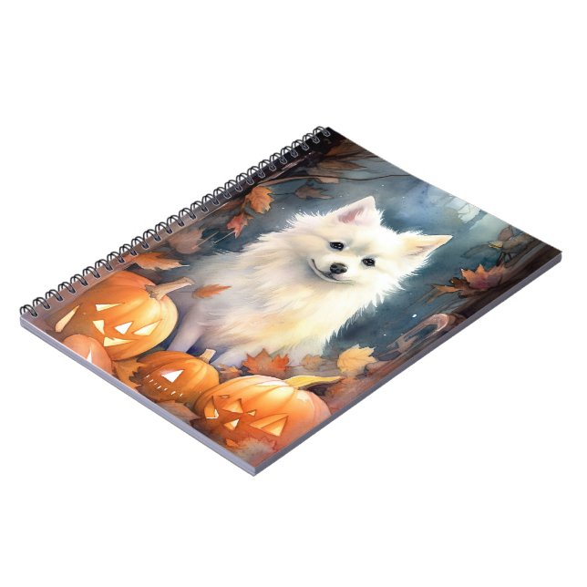 Halloween American Eskimo With Pumpkins Scary Notebook (Left Side)