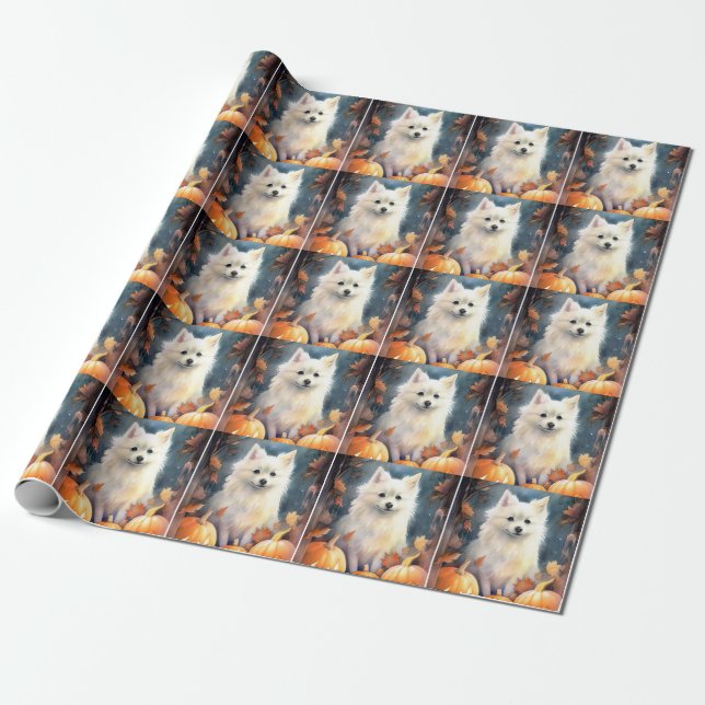 Halloween American Eskimo With Pumpkins Scary Wrapping Paper (Unrolled)