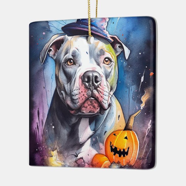 Halloween American Staffordshire With Pumpkins Ceramic Ornament (Left)